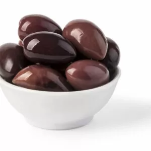 Bowl of marinated kalamata olives isolated on white. with clipping path